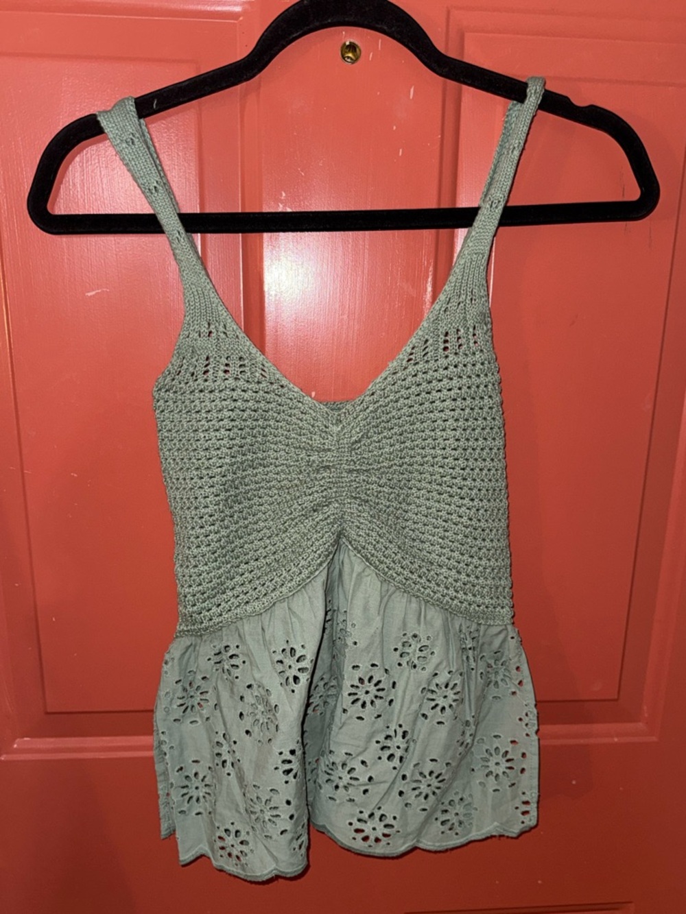 Crochet Bodice Eyelet Hem Tank Top - Sage Green  size small